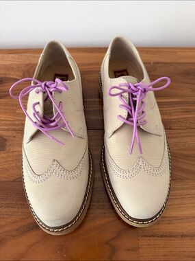 Cream Espadrille Wingtip Oxfords with Lavender Laces